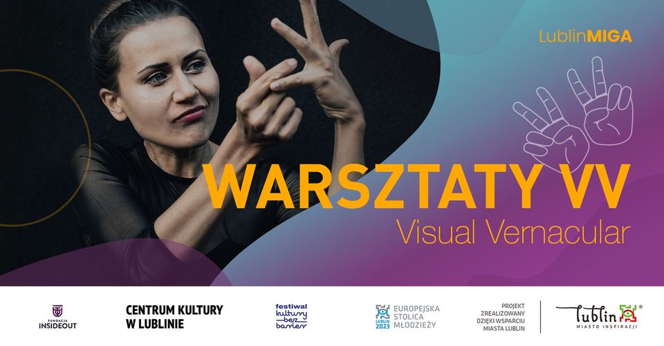 Plakat reklamujący warsztaty dla osób posługujących się językiem migowym.