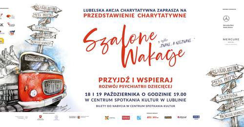 Plakat reklamujący spektakl charytatywny "Szalone wakacje".