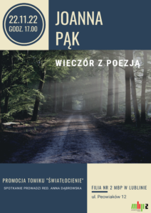 Read more about the article Spotkanie z poezją J. Pąk i promocja tomiku „Światłocienie” 22.XI.