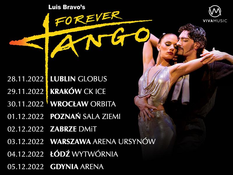 Plakat reklamujący występy taneczne Forever Tango.