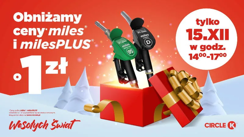 Z okazji zbliżających się Świąt Circle K zaoferuje swoim klientom wyjątkowe zniżki na paliwo. Już 15 grudnia w godzinach od 14:00 do 17:00 ceny wszystkich paliw miles® oraz milesPLUS® zostaną obniżone o złotówkę