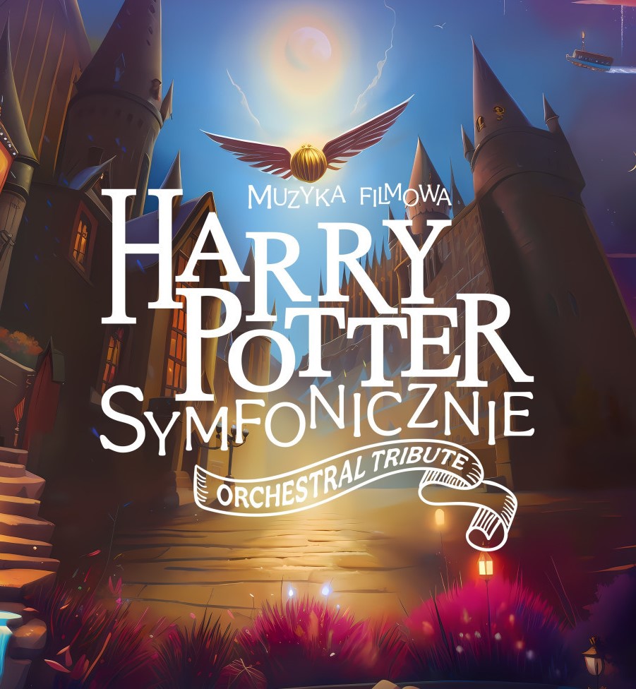 Plakat reklamujący koncert muzyki powstałej na potrzeby filmu o Harrym Potterze, w wykonaniu orkiestry symfonicznej.
