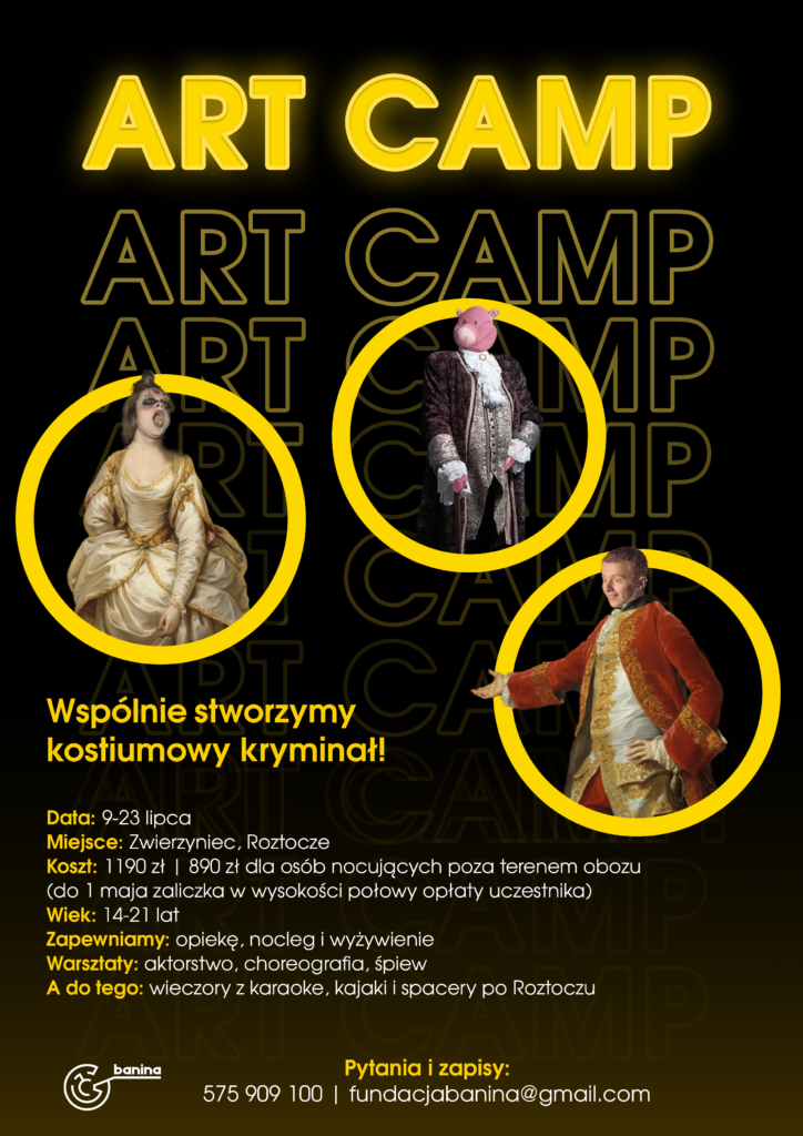 Plakat reklamujący Letni Art Camp „Czasoprzekroje” organizowany przez Fundację Banina.