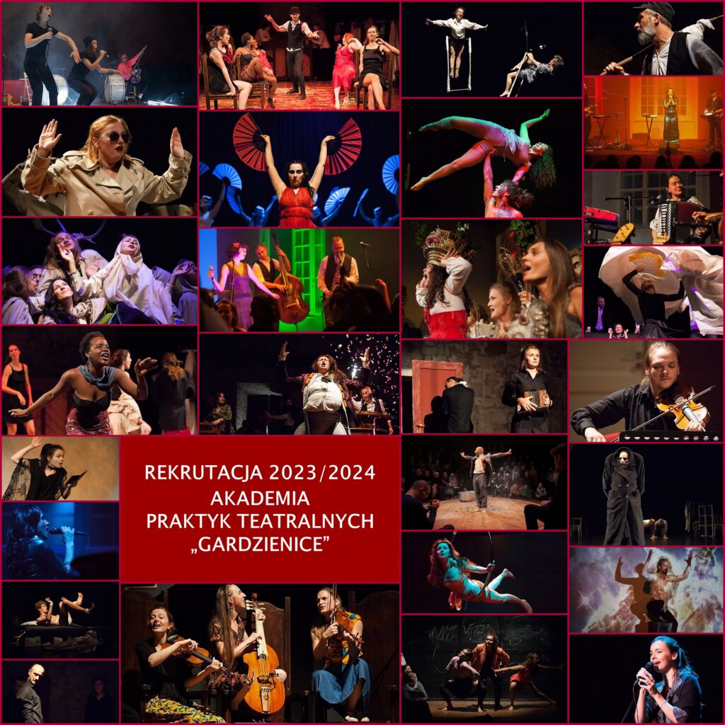 Plakat reklamujący nabór do Akademii Praktyk Teatralnych "Gardzienice".