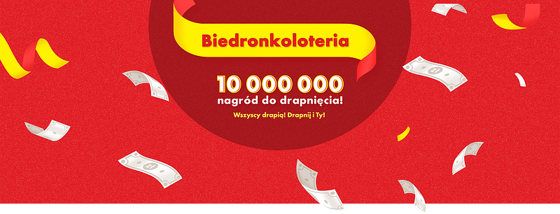 Plakat reklamujący najnowszą akcję sieci handlowej Biedronka, nazwaną Biedronkoloteria.