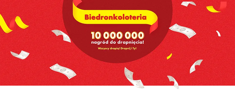 Plakat reklamujący najnowszą akcję sieci handlowej Biedronka, nazwaną Biedronkoloteria.