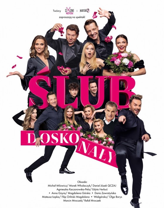 Plakat reklamujący spektakl pt. "Ślub doskonały".