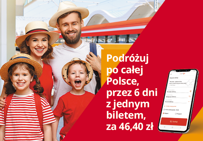 Grafika aplikacji wiosennej firmy POLREGIO przedstawiająca rodzinę i informacje na temat oferty majówkowej.