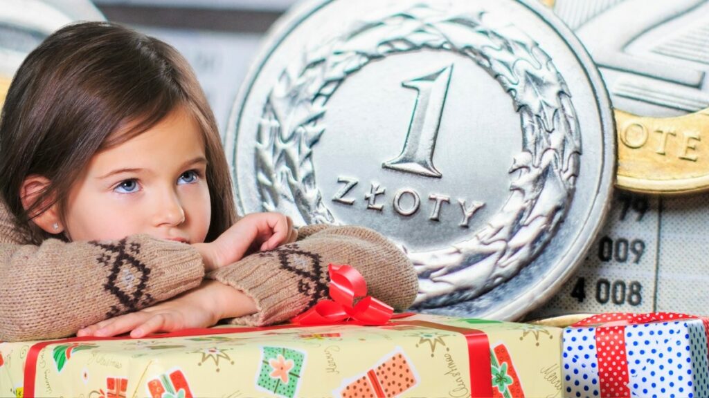 Grafika składająca się ze zdjęcia dziewczynki i jednozłotowej monety.