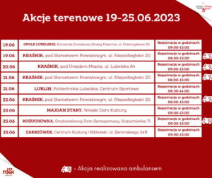 Read more about the article Harmonogram najbliższych terenowych akcji poboru krwi 19-25.VI.