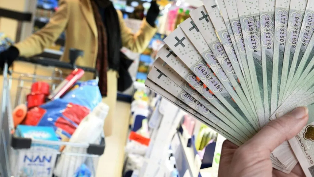 Zdjęcie pliku banknotów na tle wnętrza sklepu.