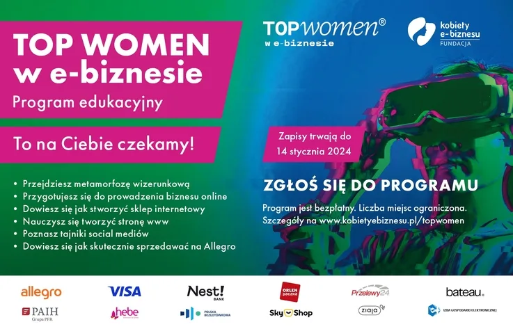 Plakat promujący program edukacyjny TOP Women w e-biznesie.