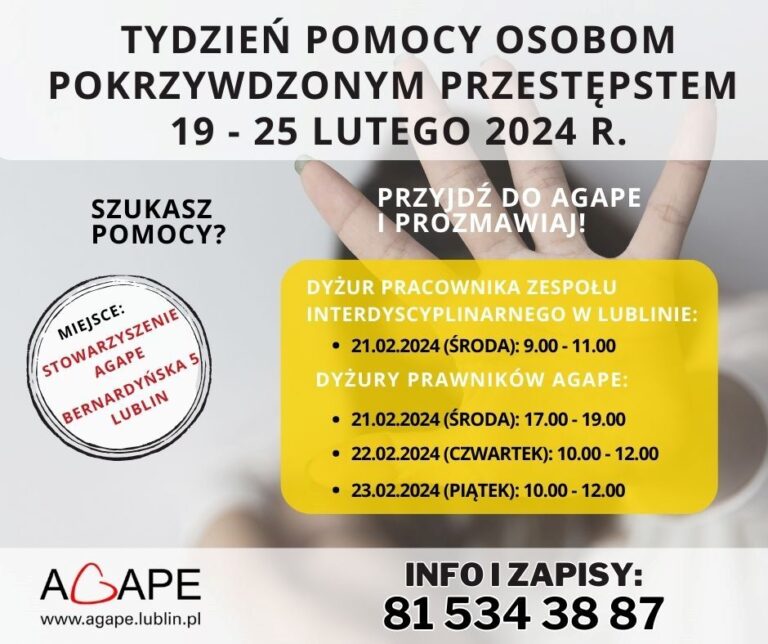 Read more about the article Stowarzyszenie AGAPE bezpłatnie wspiera podczas Tygodnia Pomocy Osobom Pokrzywdzonym Przestępstwem