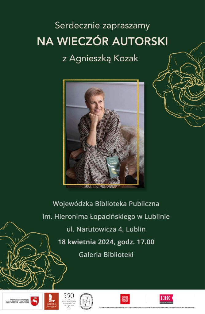 Plakat będący zaproszeniem na wieczór autorski z Agnieszką Kozak.