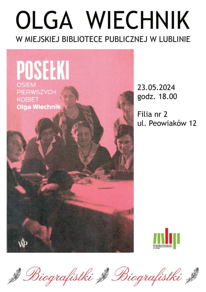 Plakat promujący spotkanie autorskie z Olgą Wiechnik.