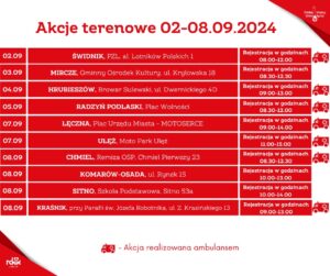 Read more about the article Harmonogram najbliższych terenowych akcji poboru krwi 2-9.IX