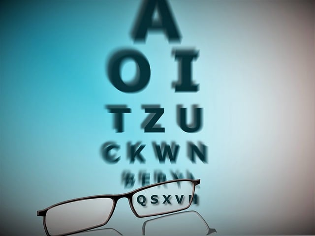 Grafika z tablicą do sprawdzania wzroku i okularami.