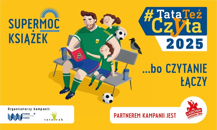 Plakat promujący czytanie książek dzieciom przez ojców.