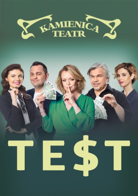 Plakat promujący spektakl Teatru Kamienica pt. "Test".