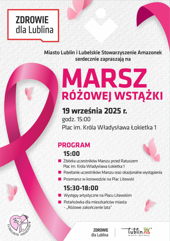 „Marsz Różowej Wstążki” 19 października 2025 r. START - pl. Łokietka przed Ratuszem o godz. 15.00