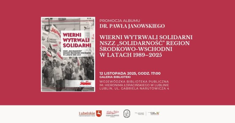 Plakat promujący album Spotkaniu będzie towarzyszyć wystawa „Demokracja – wierność, wytrwałość i solidarność” w holu Biblioteki.