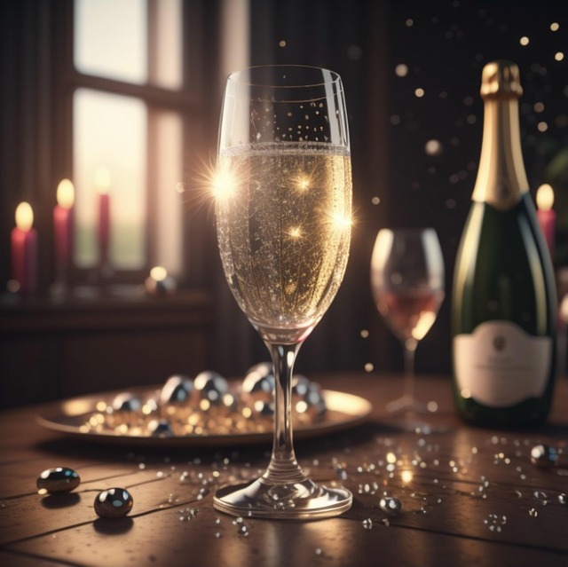 Kieliszek z szampanem i butelka w tle