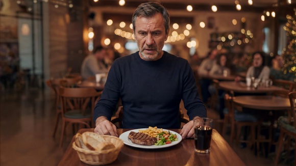 Mężczyzna siedzący przy stole z jedzeniem.