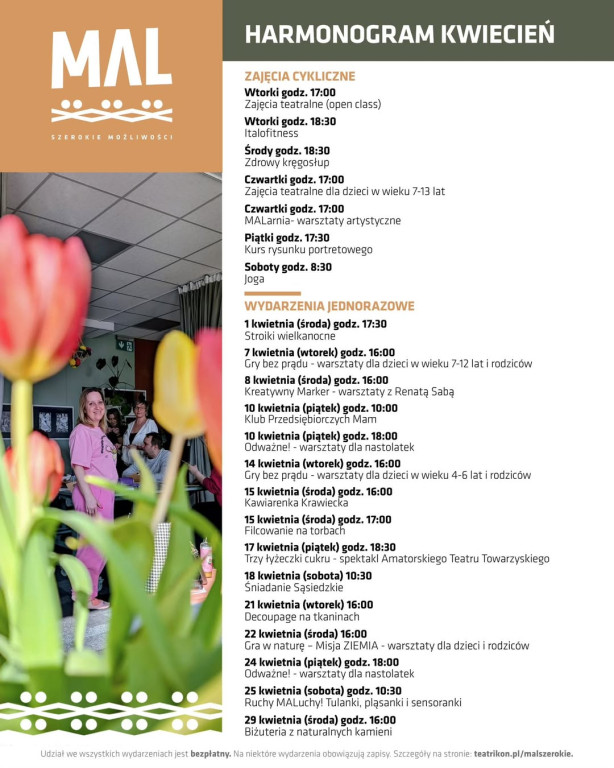 Harmonogram kwietniowych warsztatów w MAL-u.