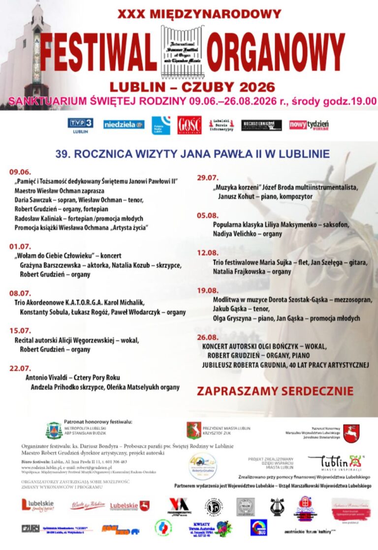 Read more about the article XXX Międzynarodowy Festiwal Organowy Lublin – Czuby 2026 (Sanktuarium Świętej Rodziny 9.06.- 26.08.26 r.)