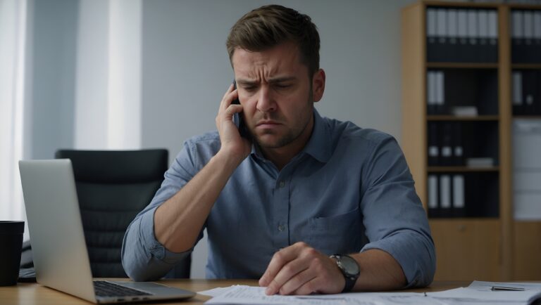 Mężczyzna przy biurku z telefonem w ręku